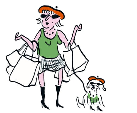 Illustration of a woman in sunglasses and beret, with lots of shopping bags hanging from her arms and a matching dog at her feet