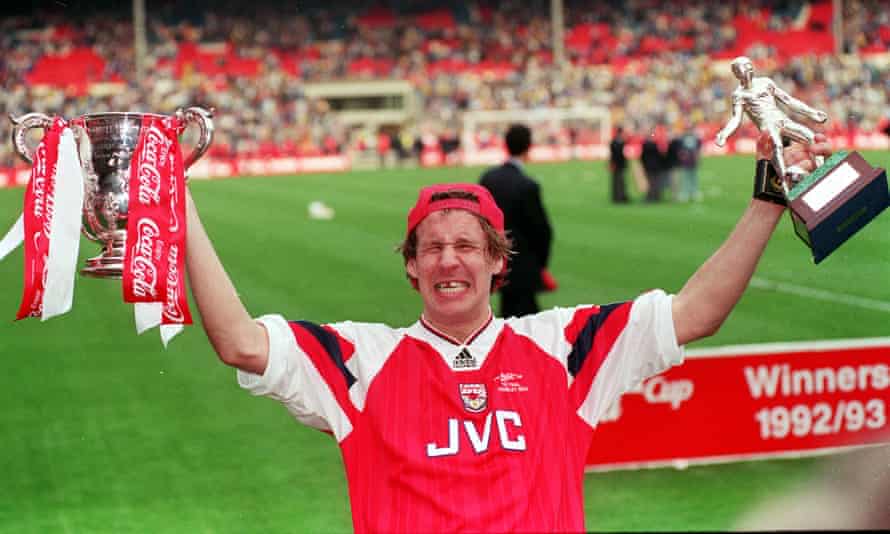 Paul Merson celebrates Arsenal’s Coca-Cola Cup final victory over Sheffield Wednesday at Wembley in 1993