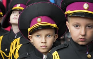 Young cadets attend a ceremony on the occasion of the first day of school at a lyceum in Kyiv.