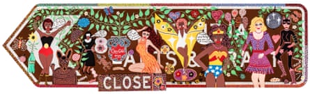 A brown road sign overpainted in bright colours with figures of seven women, some in super hero-style costumes, some with speech bubbles. Text at the bottom of the sign reads “CLOSE”.