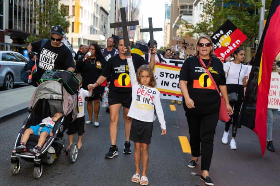 Protesters at a Stop Black Deaths in Custody rally in Perth on 15 April 2021.