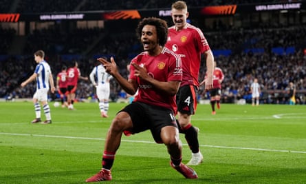 Manchester United’s Joshua Zirkzee celebrates scoring their side’s first goal of the game during the UEFA Europa League Round of 16, first leg match at the Reale Arena in San Sebastian, Spain. Thursday March 6, 2025. PA Photo.