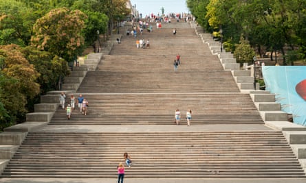 The Potemkin steps in Odesa with the statue of Catherine the Great at the top