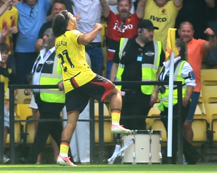 Watford’s Amin Nabizada celebrates after racing from inside his own half and scoring the winner against Southampton