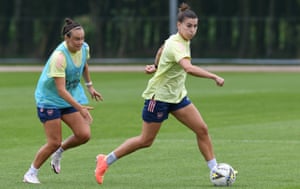 Arsenal’s new signing Steph Catley moves away from Caitlin Foord during a training session earlier this week.