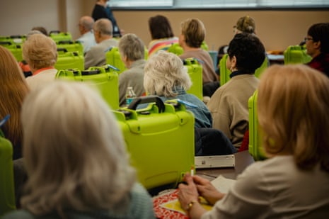 Poll workers sit in a training class at the Luzerne county elections building in Wilkes-Barre on Tuesday.
