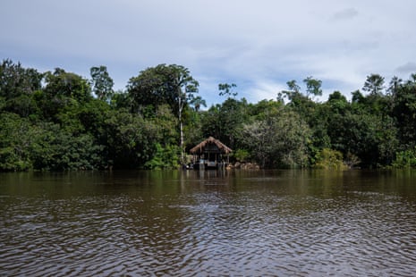 A raft with a thatched roof on the riverbank