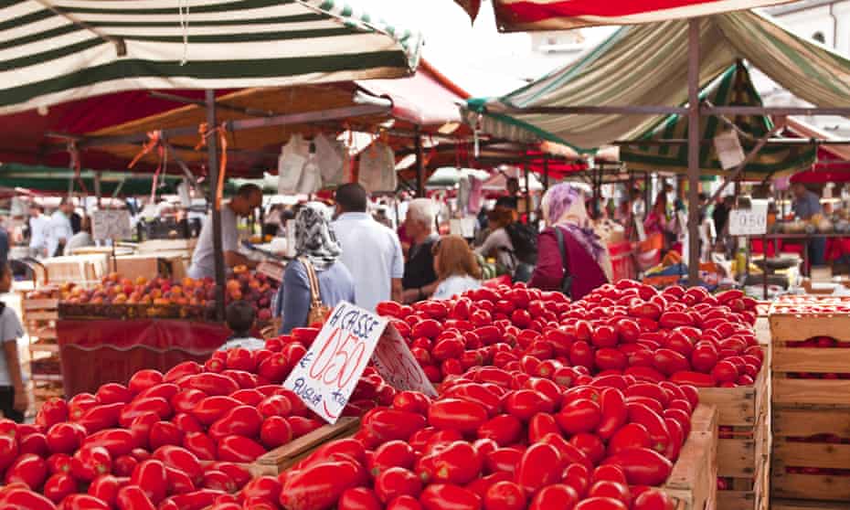 Tomatoes on sale at a market in Turin.