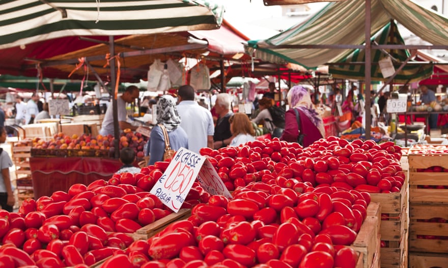 Tomatoes on sale at the open air market of Piazza della Repubblica, Turin