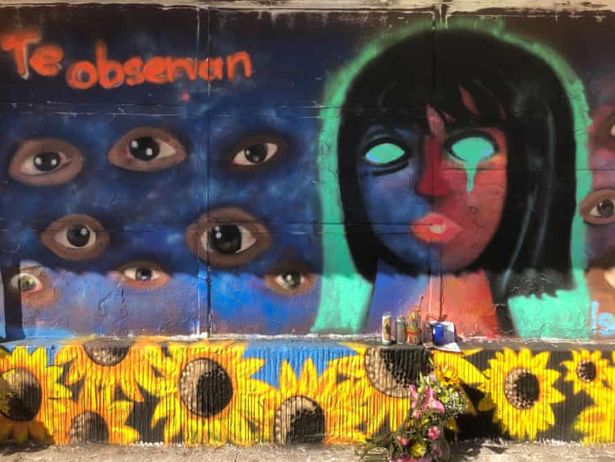 Images for Isabel Cabanillas story by Ed Vulliamy. Isabel Cabanillas’ own mural, with the eyes and her self-portrait, with poignantly prescient tear.