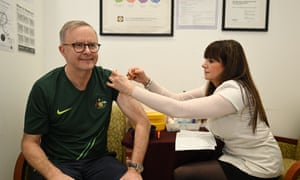 The prime minister, Anthony Albanese, receives his fourth dose of the Covid-19 vaccine