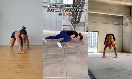 A collage features screenshots of three different people doing quadrupedal movement training, crawling on the ground and doing handstands