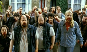 Shaun of the Dead film still, a crowd of zombies