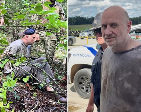 The recapture of Grant Hardin (left) and the escaped prisoner in custody on 6 June 2025 about 1.5 miles north-west of Calico Rock prison in Arkansas.