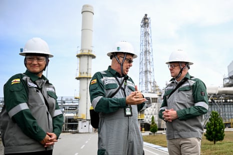 (L-R) Penny Wong, Brunei Fertilizer Industries (BFI) CEO, Dr Harri Kiiski, and Anthony Albanese during a visit to the BFI plant facilities in Brunei today.