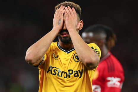 Matheus Cunha of Wolverhampton Wanderers reacts after missing a chance to score at Manchester United.