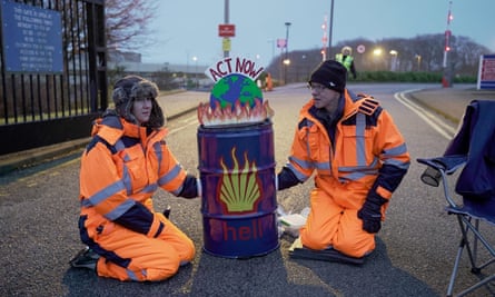 Extinction Rebellion protesters block the entrance to the headquarters of Shell in Aberdeen in January 2020.