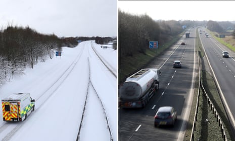 A snow-bound motorway juxtaposed with a sunny one