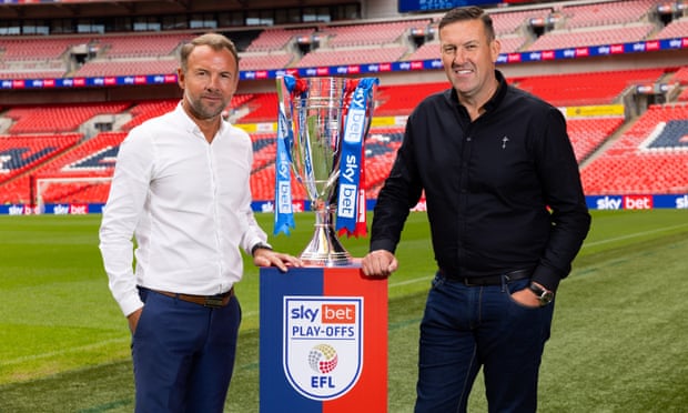 Former Huddersfield and Forest players Marcus Stewart, left, and Mark Crossley getting wheeled out for some promo at Wembley.