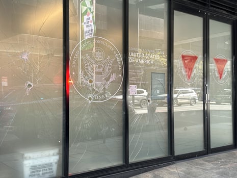 Damaged windows at the US Consulate in Sydney, 10 June.
