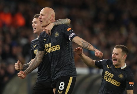 Jonjo Shelvey celebrates after giving Newcastle the lead at Leeds.