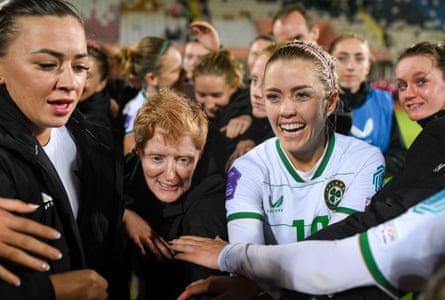 Ireland’s Katie McCabe, Eileen Gleeson and Denise O’Sullivan celebrate after victory in Albania in October.