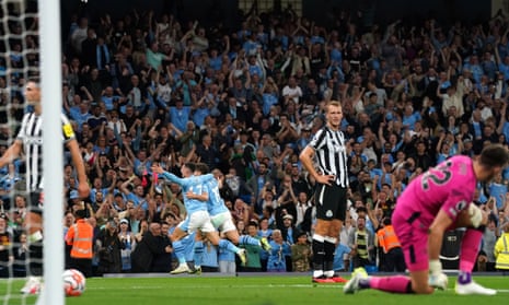 Manchester City's Julian Alvarez celebrates scoring.
