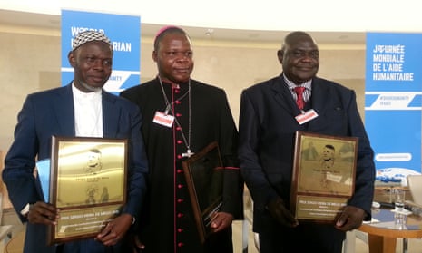 Sergio Vieira de Mello prize winners Imam Oumar Kobine Layama, Archbishop Dieudonné Nzapalainga and Pastor Nicolas Guérékoyaméné-Gbangou receive their award in Geneva.
