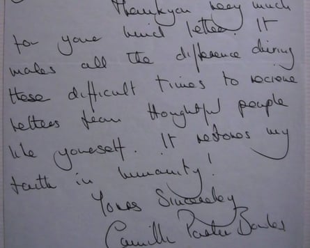 A photograph of a signed letter from Queen Camilla to Andrew Broughton from the 90s.