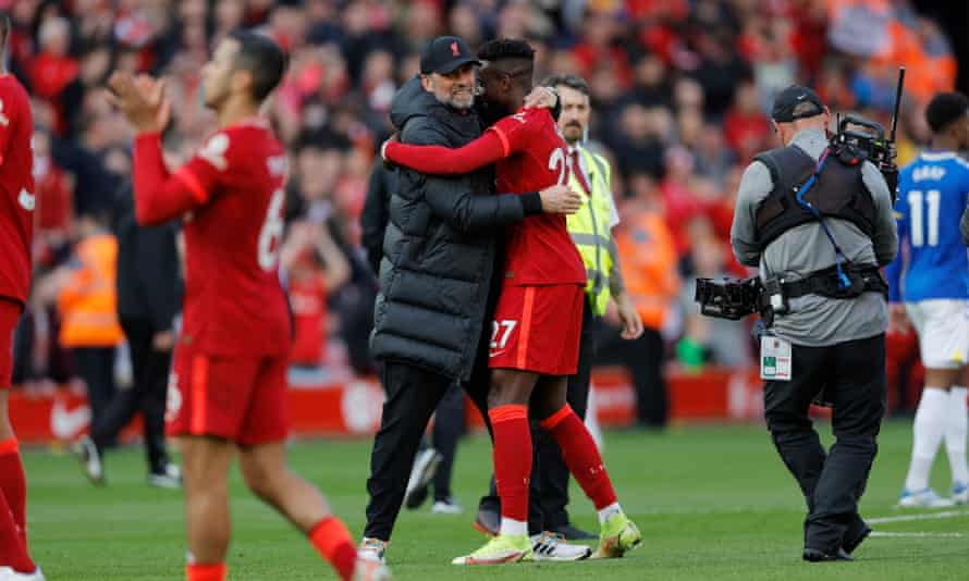 Liverpool’s Divock Origi, who scored the second goal, is embraced by his manager Jürgen Klopp.