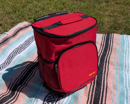 red cooler on striped blanket in grass