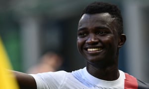 The Gambian midfielder Musa Juwara smiles after his goal helped Bologna defeat Internazionale.