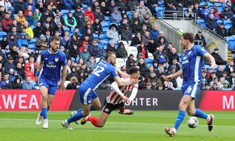 Jobe Bellingham of Sunderland wins a penalty during their Championship match at Cardiff City.
