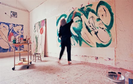 Lee Krasner, who died in 1984, at work in her studio in the 60s, painting Portrait in Green.