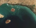 Satellite image of the northern part of the strait of Hormuz, showing three islands in the strait