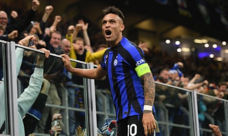 Lautaro Martínez celebrates with the Inter fans after scoring the only goal of the Champions League semi-final second leg to finish off Milan.