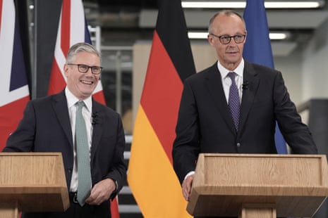 Britain's prime minister Keir Starmer and German Chancellor Friedrich Merz hold a press conference during a visit to the Airbus factory in Stevenage, Hertfordshire, Britain.