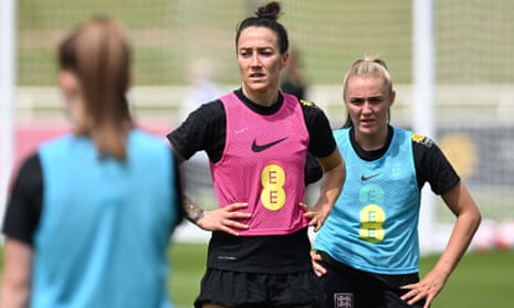 Lucy Bronze (centre) trains with England ahead of a friendly against Belgium