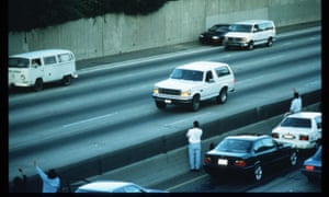 The Ford Bronco carrying OJ Simpson, pursued by police officers in a slow-speed freeway chase that ended with Simpson’s arrest.