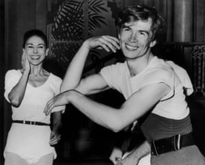 Fonteyn laughs at the antics of her stage partner Rudolf Nureyev during rehearsals, 1961