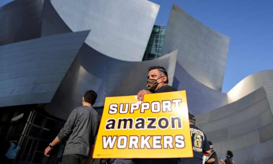 A protest in Los Angeles in support of the Amazon unionization drive.