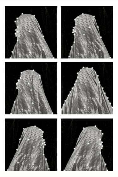Six images show a draped fabric form with pin-like markers tracing its folds and outline