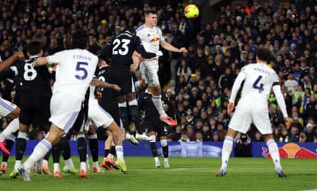 Jaka Bijol scores Leeds’ first goal against Chelsea.