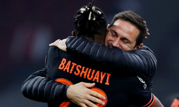 Frank Lampard embraces Michy Batshuayi after Chelsea’s 1-0 win away at Ajax