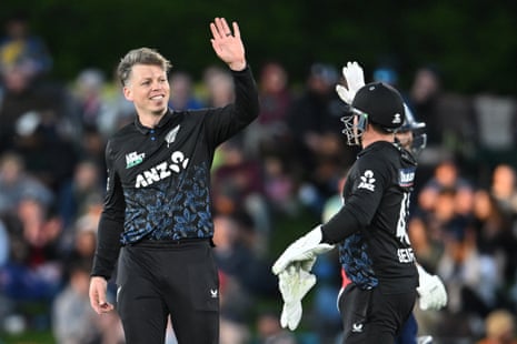 Michael Bracewell celebrates the wicket of Jacob Bethell.