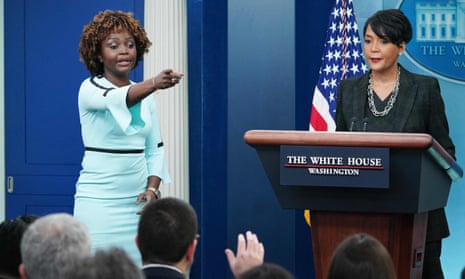 White House press secretary Karine Jean-Pierre takes a question as she and senior adviser for public engagement Keisha Lance Bottoms take part in the daily briefing in the Brady briefing room of the White House in Washington DC.