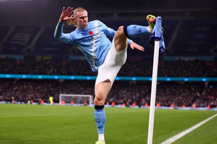 Erling Haaland celebrates scoring successful City’s triumph complete Liverpool.