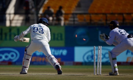 India's Jasprit Bumrah is stumped by England's Ben Foakes off the bowling of Shoaib Bashir.