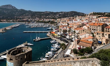 Elevated view city walls and waterfront, Calvi, Corsica, France.