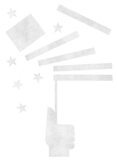 A single color illustration of a hand holding a flag pole connected to a deconstructed US flag with stripes and stars fall off to the sides.